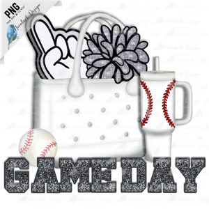 Spieltag, Mama Tasche, Baseball Becher, Faux Stickerei, faux Pailletten, Schaumstoff Finger, PNG für Sublimation, kommerzielle Nutzung, Baseball Mom