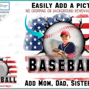 May include: Digital design featuring a baseball with a photo of a young baseball player, set against a backdrop of the American flag. The word "BASEBALL" is prominently displayed. Text includes "EASILY ADD A PICTURE" and "ADD MOM, DAD, SISTER ETC."