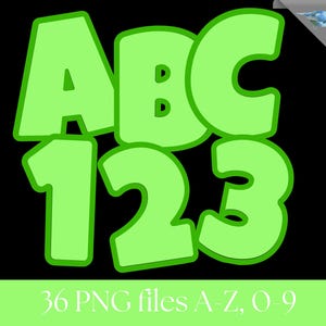 Peut inclure: Lettres et chiffres ABC et 123 verts avec un contour vert fonc&eacute; sur fond noir. L'image comprend &eacute;galement le texte "36 fichiers PNG A-Z, 0-9". Les lettres et les chiffres sont en gras et arrondis.