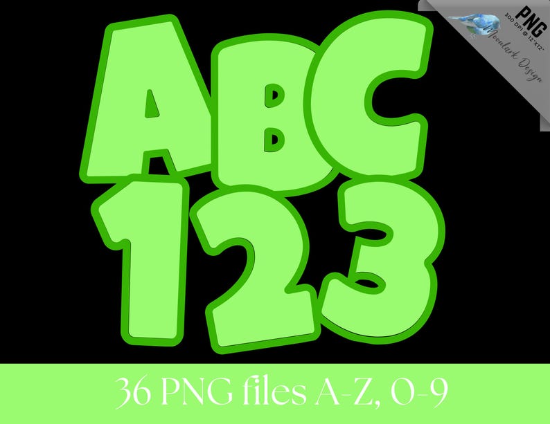 Peut inclure: Lettres et chiffres ABC et 123 verts avec un contour vert fonc&eacute; sur fond noir. L'image comprend &eacute;galement le texte "36 fichiers PNG A-Z, 0-9". Les lettres et les chiffres sont en gras et arrondis.