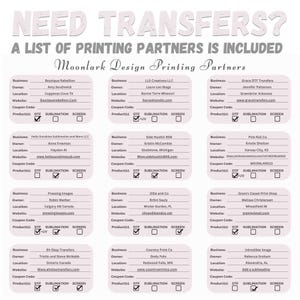 May include: A pink and white graphic with a list of printing partners for sublimation and DTF transfers. The graphic includes the business name, owner, location, website, coupon code, and product types offered. The graphic is designed to help customers find printing partners for their sublimation and DTF transfer needs.