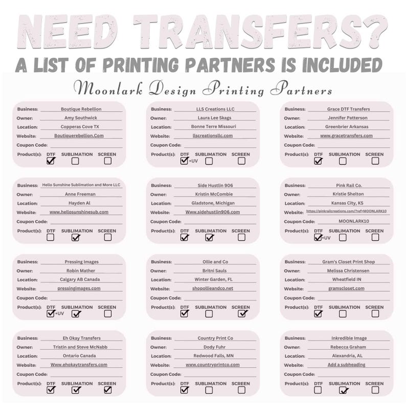 May include: A pink and white graphic with a list of printing partners for sublimation and DTF transfers. The graphic includes the business name, owner, location, website, coupon code, and product types offered. The graphic is designed to help customers find printing partners for their sublimation and DTF transfer needs.