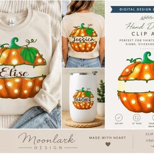 Peut inclure: Un t&eacute;l&eacute;chargement de design num&eacute;rique pr&eacute;sentant un graphique de citrouille orange dessin&eacute; &agrave; la main avec des feuilles vertes et des accents lumineux blancs. La citrouille a un espace horizontal vide pour le texte. Pr&eacute;sent&eacute; sur un sweat, t-shirt et gobelet.