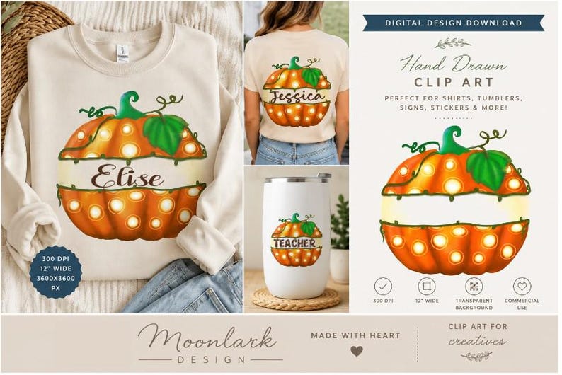 Peut inclure: Un t&eacute;l&eacute;chargement de design num&eacute;rique pr&eacute;sentant un graphique de citrouille orange dessin&eacute; &agrave; la main avec des feuilles vertes et des accents lumineux blancs. La citrouille a un espace horizontal vide pour le texte. Pr&eacute;sent&eacute; sur un sweat, t-shirt et gobelet.