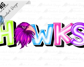 Hawks Mascot, Neon Mascot, PNG file, Neon School Spirit, Doodle Letter Design, retro mascot, Commercial Use, Preppy Mascot, 90s mascot