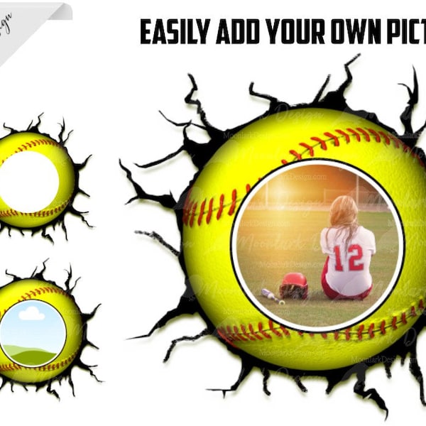 Softball Cracked Wall Picture Frame PNG, Add your own picture, Softball Template, Custom Softball Picture, Photo template, Team Photo