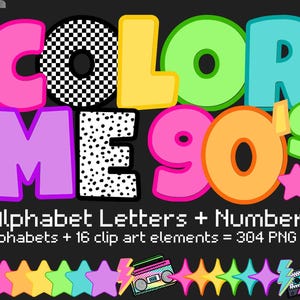 Letras retro de los 90, alfabeto de neón, letras de neón, letras de garabatos, uso comercial, imágenes prediseñadas de estrellas, rayos, letras brillantes, letras luminosas