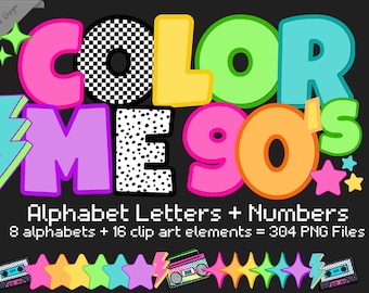 90's Retro Letters, Neon Alphabet, Neon Letters, Doodle Letters, preppy letters, star clip art, lightning bolt, bright letters, glow letters