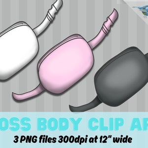 May include: Three digital clip art images of a cross body bag in white, pink, and black. Each bag is 12 inches wide and 300 dpi.