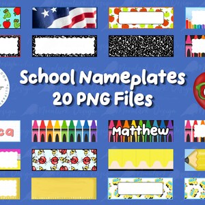 Op de afbeelding: Een verzameling van 20 rechthoekige schoolnaamplaatjes in PNG-formaat met diverse patronen, waaronder appels, kleurpotloden, potloden, schoolbussen en Amerikaanse vlaggen. De tekst School Nameplates 20 PNG Files staat in het midden.