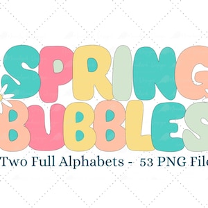 Letras del alfabeto de primavera, letras de burbujas, colores de primavera, letras de garabatos, letras divertidas, uso comercial, alfabeto de Pascua, letras de Pascua