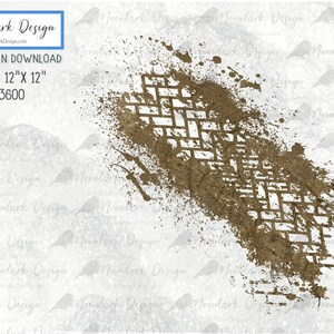 May include: A digital design download of a brown tire track imprint on a white background. The track is surrounded by brown mud splatters. The design is 300 DPI and measures 12 inches by 12 inches.