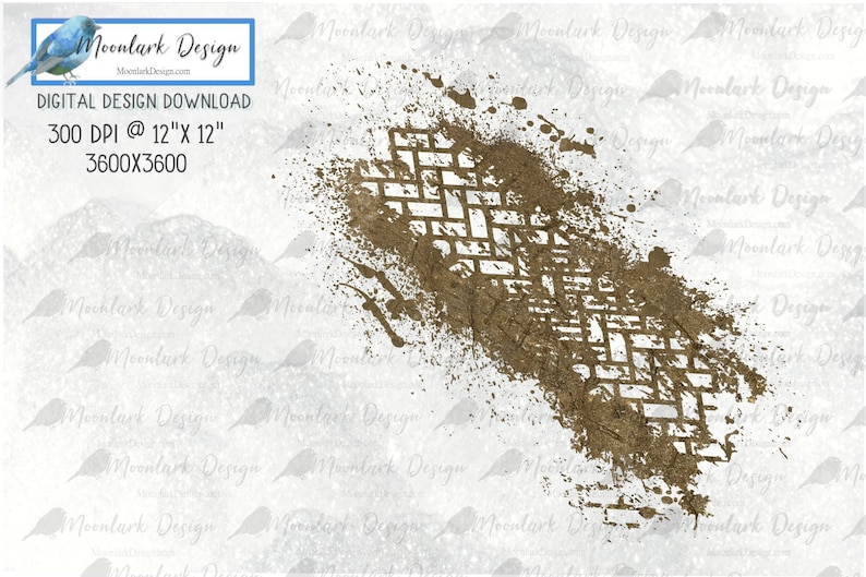 May include: A digital design download of a brown tire track imprint on a white background. The track is surrounded by brown mud splatters. The design is 300 DPI and measures 12 inches by 12 inches.