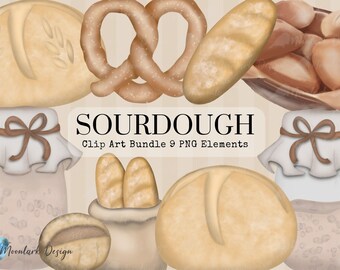 May include: A digital illustration clip art bundle of sourdough bread, pretzels, and starter in jars. The illustration is in a watercolor style with a beige background. The text "SOURDOUGH Clip Art Bundle 9 PNG Elements" is included in the image.