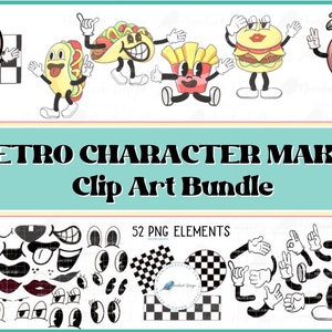 Retro karakter clipart, retro mascotte PNG en SVG, retro tekenfilm, vintage karakter, gezicht clipart, hand clipart, gesneden bestand, commercieel gebruik