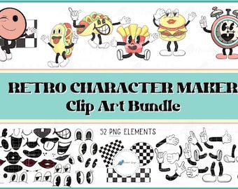 Imágenes prediseñadas de personajes retro, mascota retro PNG y SVG, dibujos animados retro, personajes vintage, imágenes prediseñadas de caras, imágenes prediseñadas de manos, archivo de corte, uso comercial
