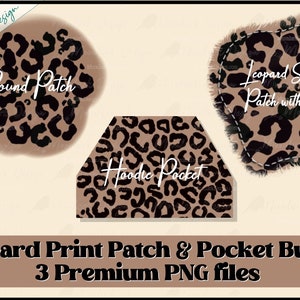 Könnte beinhalten: Drei digitale Leopardenfell-Patches für Kleidung oder Basteln. Die Patches haben eine runde, sechseckige und unregelmäßige Form. Der Text "Round Patch", "Hoodie Pocket" und "Leopard Stitched Patch with Fray" ist auf den Patches enthalten.