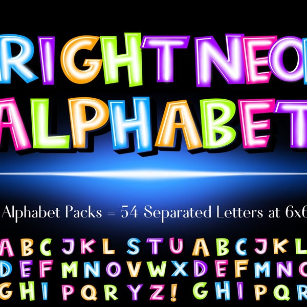 Neon Alphabet, Neon Letters, Doodle Letters, commercial use letters, ABCs png, separated letters, alphabet clip art, bright letters, glow