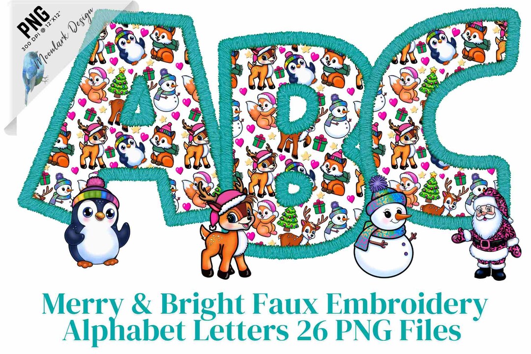 Christmas Alphabet, Reindeer Letters, Faux Embroidery, Doodle Letters