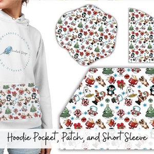 Può includere: Felpa con cappuccio bianca con una tasca e una toppa con un motivo natalizio di pinguini, bastoncini di zucchero e alberi di Natale. Il motivo è anche mostrato su un design a maniche corte separato.