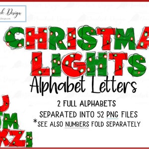 Alphabet de lumières de Noël, lettres de Noël, lettres de griffonnage, Noël PNG, sublimation PNG, doodle de Noël, usage commercial, lumières
