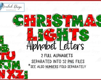 Alphabet de lumières de Noël, lettres de Noël, lettres de griffonnage, Noël PNG, sublimation PNG, doodle de Noël, usage commercial, lumières