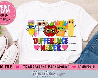 Difference Maker PNG, Teacher design, back to school, pencil character, teacher apple, notebook with glasses, paraeducator png, shirt design