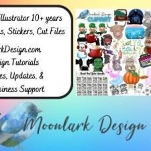 May include: A colorful digital collage of clip art images, including a bluebird, a raccoon, a pumpkin, a Christmas tree, a snowman, a sloth, a bull, a gnome, and a variety of other holiday and seasonal designs. The text "Moonlark Design" appears at the bottom of the image.