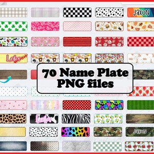 May include: A collection of 70 rectangular name plate PNG files featuring diverse patterns including animal prints, sports themes, floral designs, camouflage, and checkered motifs. The central text reads 70 Name Plate PNG files.