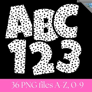 Peut inclure: Lettres et chiffres blancs &agrave; pois noirs sur fond noir. Les lettres ABC et les chiffres 123 sont affich&eacute;s. Le texte "36 fichiers PNG A-Z, 0-9" est en bas en rose.