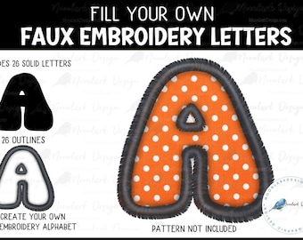 Black Faux Embroidery Alphabet Letters, Groovy Alphabet, Embroidered Letters, Fill your own letters, Commercial Use, PNG digital download