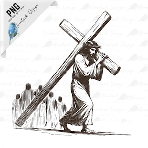 以下が含まれることがあります： 肩に木製の十字架を担いだ男性の白黒の線画。彼は決意に満ちた表情で前へ歩いている。背景には他の人の姿も見えるが、十字架を担いだ男性ほどはっきりとは描かれていない。