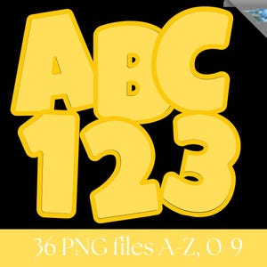 Peut inclure: Graphique jaune avec les lettres ABC et les chiffres 123 sur fond noir. Les lettres et les chiffres ont un effet 3D avec un contour jaune. Le texte en bas indique "36 fichiers PNG A-Z, O-9".