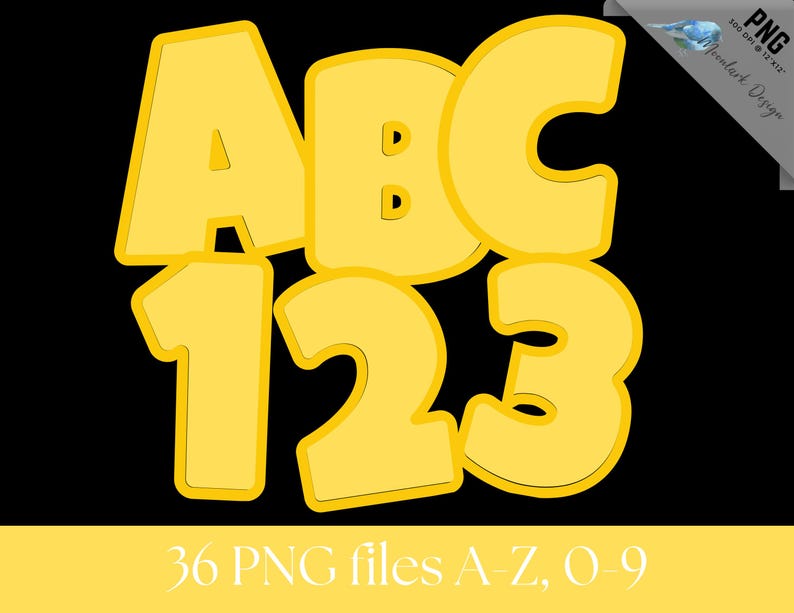 Peut inclure: Graphique jaune avec les lettres ABC et les chiffres 123 sur fond noir. Les lettres et les chiffres ont un effet 3D avec un contour jaune. Le texte en bas indique "36 fichiers PNG A-Z, O-9".