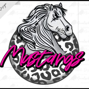 Mustangs PNG, school spirit, team mascot, leopard background, pink words, cute, school mascot, school pride, go Mustangs , preppy mascot