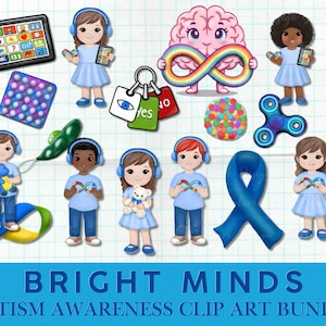 Puede incluir: Una colección de elementos de clip art coloridos relacionados con la concienciación sobre el autismo. La imagen incluye personajes de dibujos animados, un cerebro con un símbolo de infinito arcoíris, una cinta azul y el texto "BRIGHT MINDS AUTISM AWARENESS CLIP ART BUNDLE".