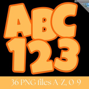 Peut inclure: Lettres et chiffres ABC et 123 orange avec un contour orange fonc&eacute; sur fond noir. L'image comprend &eacute;galement le texte "36 fichiers PNG A-Z, 0-9".