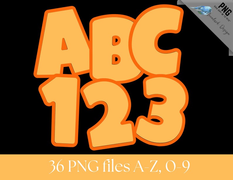 Peut inclure: Lettres et chiffres ABC et 123 orange avec un contour orange fonc&eacute; sur fond noir. L'image comprend &eacute;galement le texte "36 fichiers PNG A-Z, 0-9".