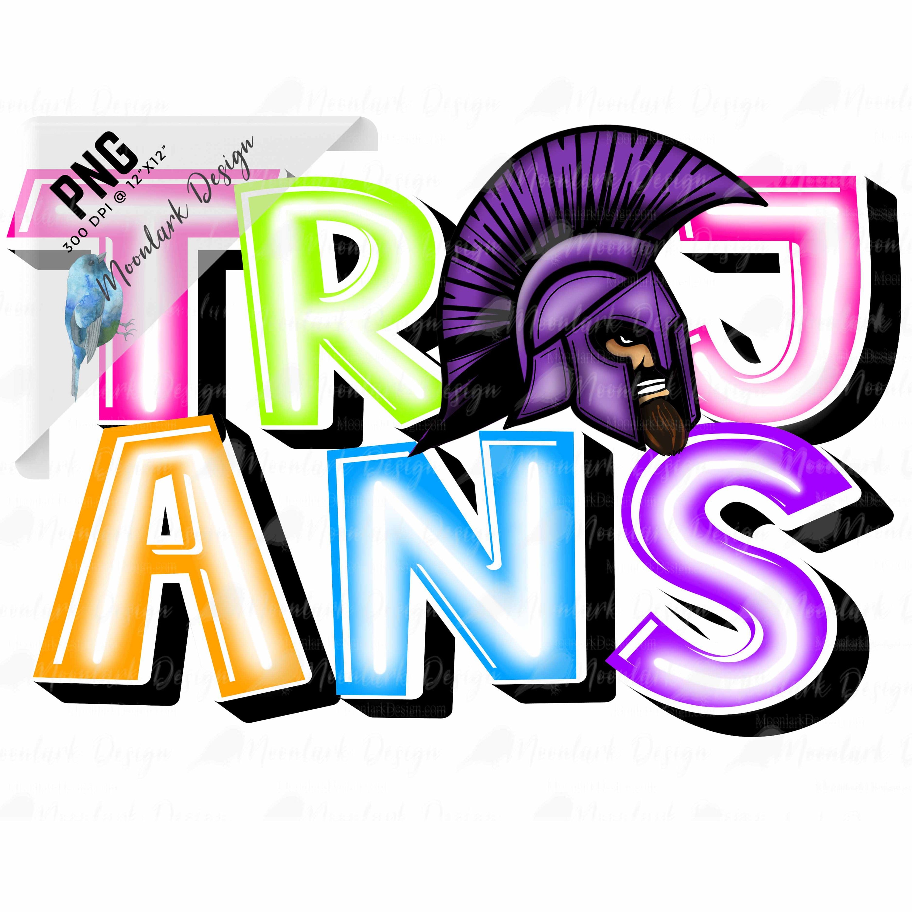 Trojans Mascot, Neon Letters, Neon Mascot, School Spirit PNG, Commercial Use, school mascot name, preppy mascot, commercial use