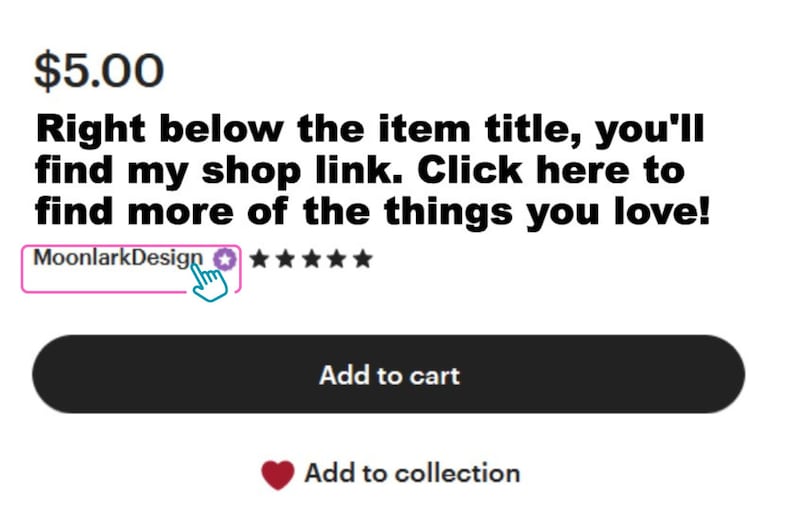 May include: A digital illustration of a moon with a crescent shape and a face. The moon is in a purple and blue color scheme. The text "MoonlarkDesign" is below the image. The image is for sale for $5.00. There are five stars below the text. There are two buttons below the text: "Add to cart" and "Add to collection".
