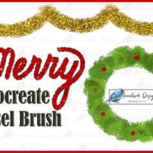 May include: A digital illustration of a red "Merry" text with a gold tinsel garland above and a green wreath with red berries below. The text "Procreate Tinsel Brush" is below the word "Merry".