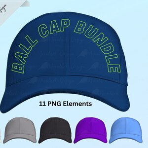 May include: A set of 11 baseball caps in various colors, including red, orange, yellow, green, blue, white, gray, black, and purple. The caps are all the same style, with a curved brim and a mesh back. The text "BALL CAP BUNDLE" is written in a green outline on the front of the blue cap.