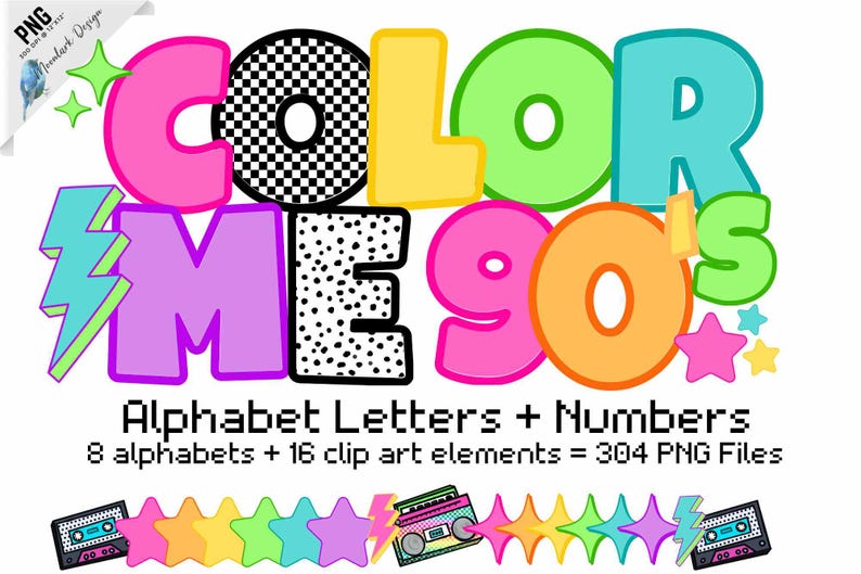 Peut inclure: Graphique num&eacute;rique color&eacute; avec le texte "COLOR ME 90's" en grandes lettres en gras. Le design comprend des &eacute;toiles, des &eacute;clairs et des cassettes, avec le texte "Alphabet Letters + Numbers" en dessous.
