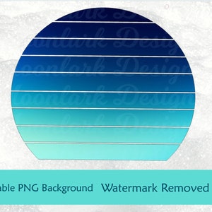 May include: A digital illustration of a blue and turquoise sunset with a retro, vintage style. The sunset is depicted as a half circle with horizontal stripes.