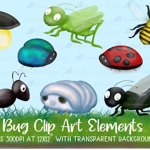Può includere: Dieci immagini digitali di clip art di vari insetti, tra cui una lucciola, una coccinella, un'ape, un grillo, una formica, un porcellino di terra e un grillo. Le immagini sono in stile cartone animato e hanno uno sfondo bianco.