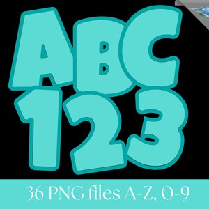 Peut inclure: Graphique turquoise ABC 123 sur fond noir. Les lettres et les chiffres ont un contour &eacute;pais. Le bas de l'image indique "36 fichiers PNG A-Z, 0-9". L'image est &eacute;tiquet&eacute;e "PNG 300 DPI 12 x 12" et "Moonlark Design".