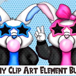 May include: Two cartoon bunnies wearing sunglasses and holding bubble gum. The bunny on the left is wearing a blue jacket and the bunny on the right is wearing a pink jacket.  The background is a blue polka dot pattern.