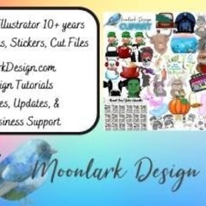 May include: A colorful digital collage of clip art images, including animals, food, and holiday-themed designs. The text "Moonlark Design" is featured in the image.