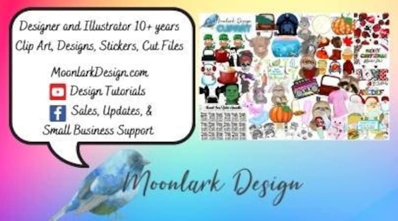 May include: A colorful digital collage of clip art images, including animals, food, and holiday-themed designs. The text "Moonlark Design" is featured in the image.
