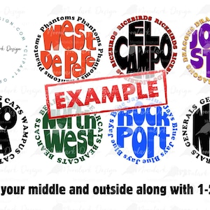 May include: A collection of eight circular designs with different text and color combinations. The designs feature team names and mascots, such as "West De Pere Phantoms", "El Campo Ricebirds", "Johnston Dragons", "Atoka Wampus Cats", "North West Bearcats", "Rockport Blue Jays", "NCA Generals", and "Blue Jays Blue Jays".